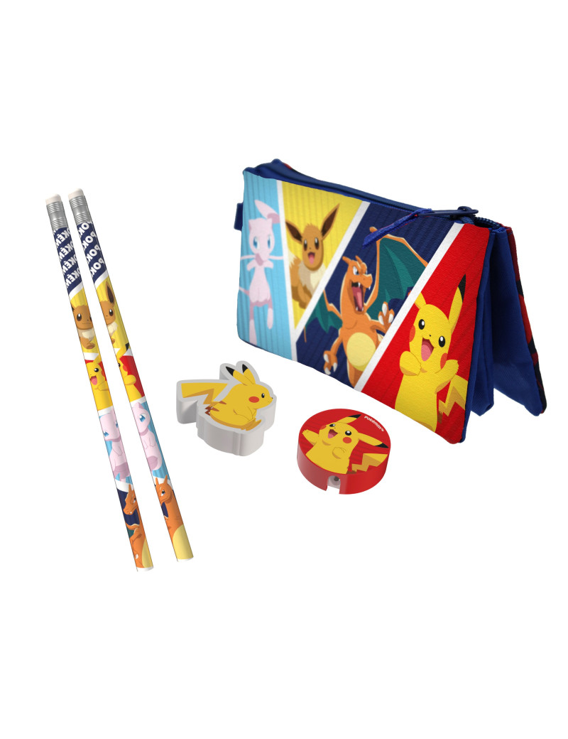 POKEMON - Set de Papeterie avec une Trousse Triple - 5pc POKEMON - Set de Papeterie avec une Trousse Triple - 5pc