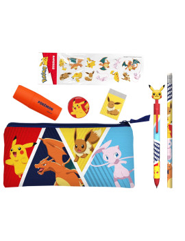 POKEMON - Set de Papeterie avec une Trousse Triple & Stickers - 7pc