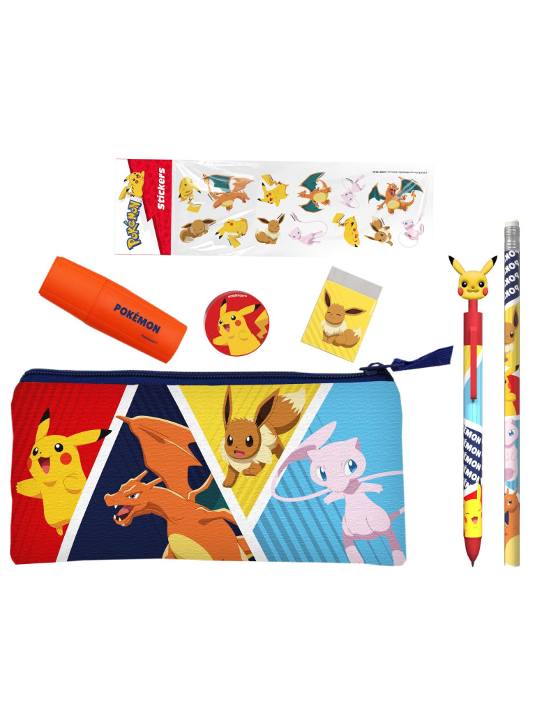 POKEMON - Set de Papeterie avec une Trousse Triple & Stickers - 7pc POKEMON - Set de Papeterie avec une Trousse Triple & Stickers - 7pc